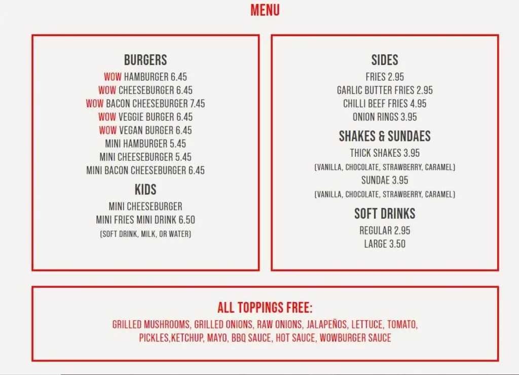 wow burger menu